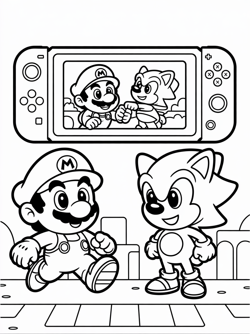 a mario and sonic game on a switch console - Free Coloring Page