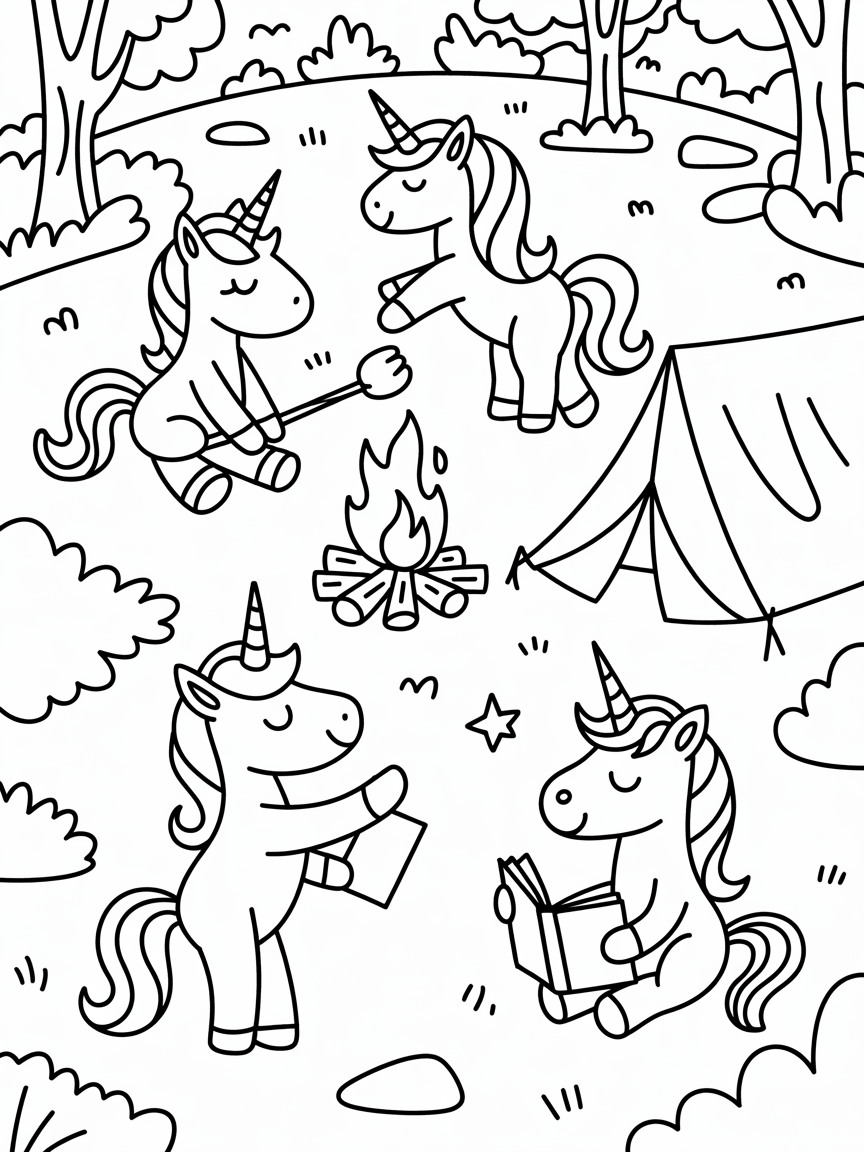 Unicorns having a camping adventure - Free Coloring Page
