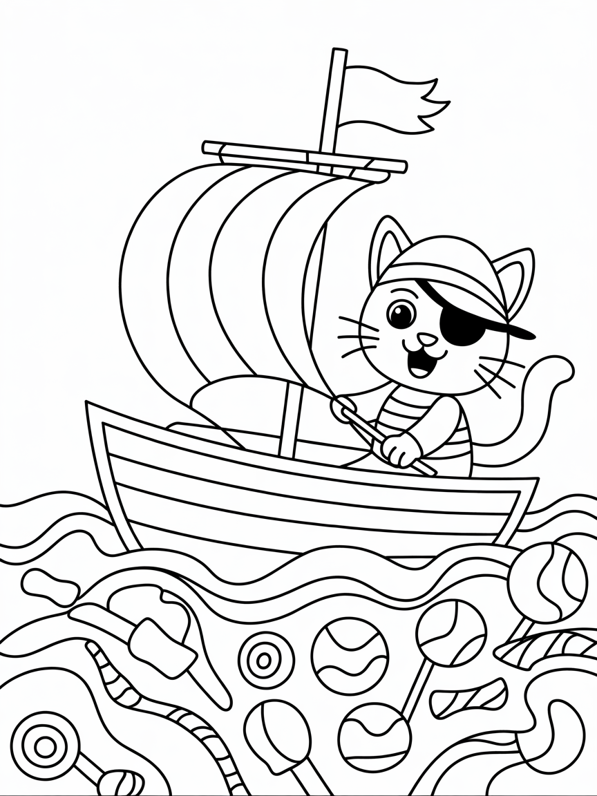 Pirate cat sailing through candy seas - Free Coloring Page