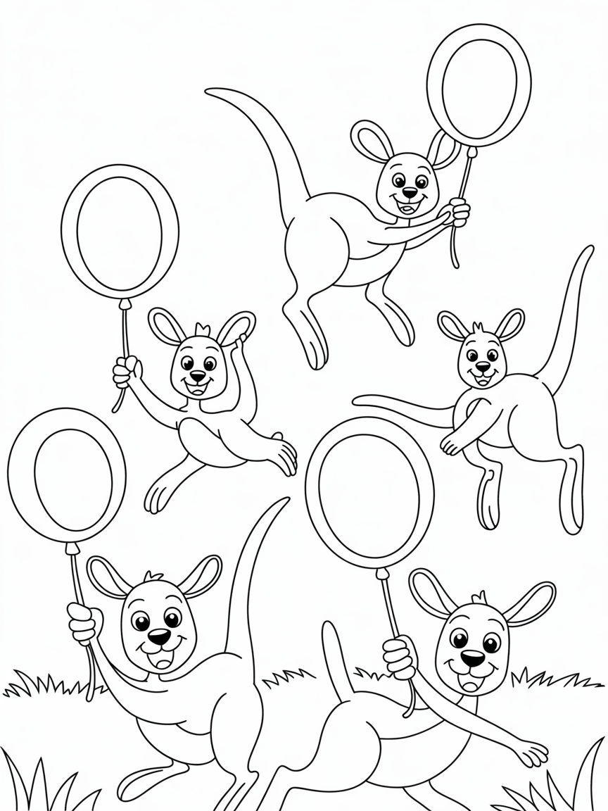 Bouncing kangaroos with rainbow balloons - Free Coloring Page