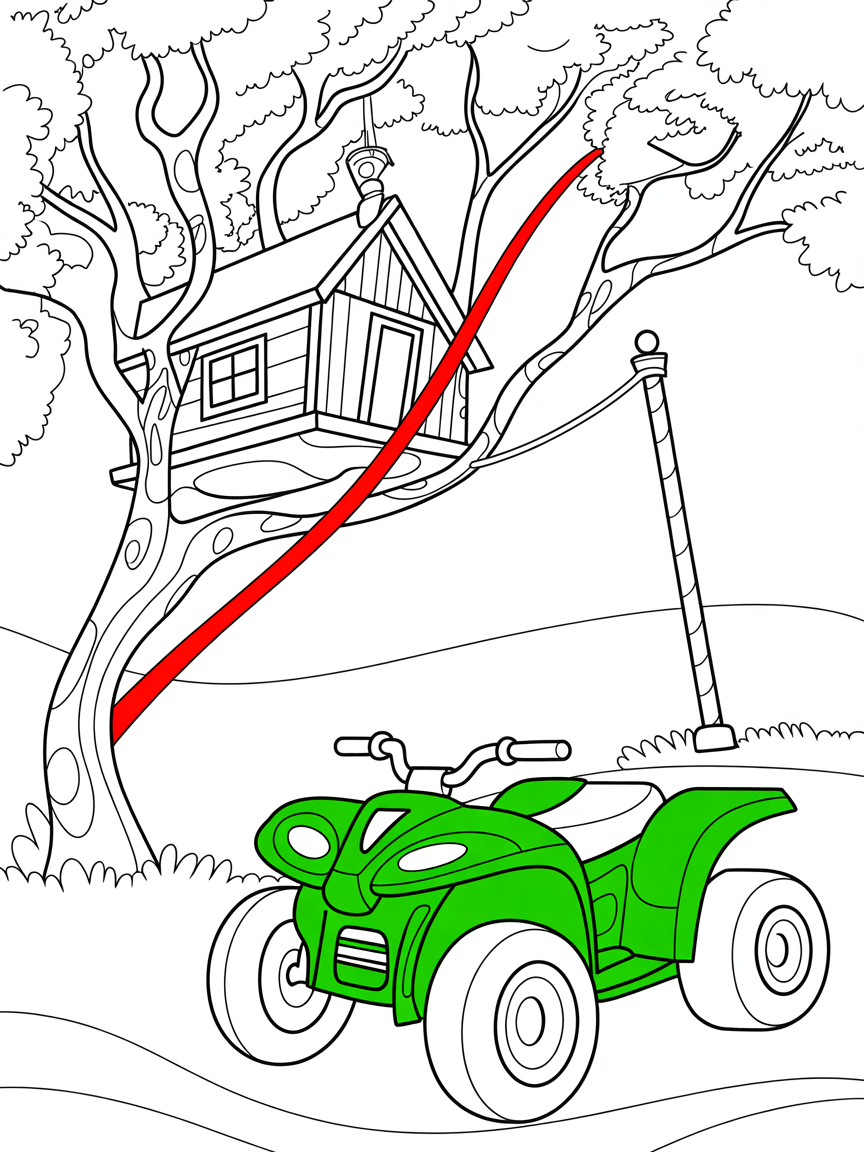 A tree house with a zip wire coming out of it and a fireman's pole, and a quad bike on the ground below - Free Coloring Page