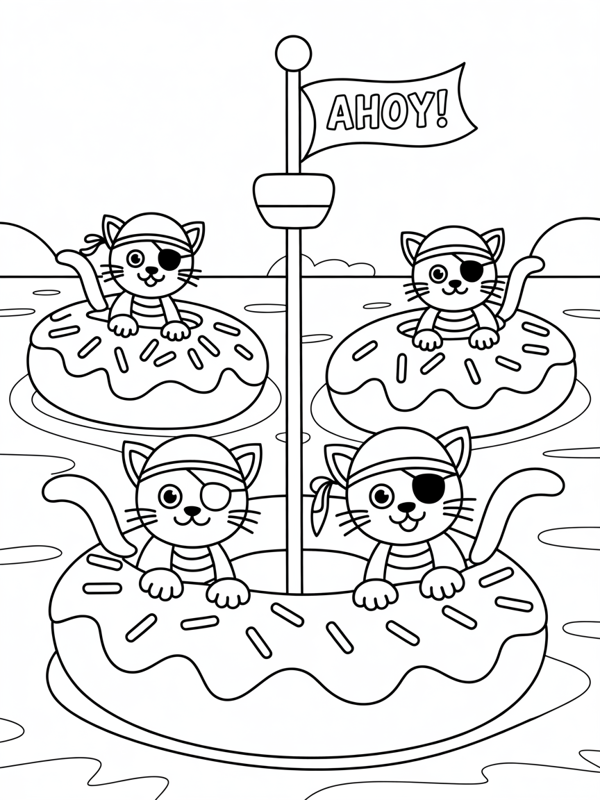 Pirate cats sailing on donuts - Free Coloring Page