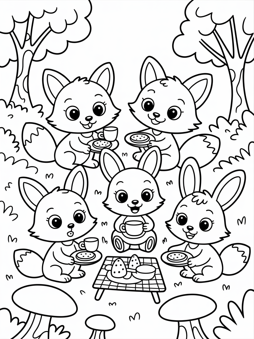 Foxes and rabbits in the forrest having a tea party - Free Coloring Page