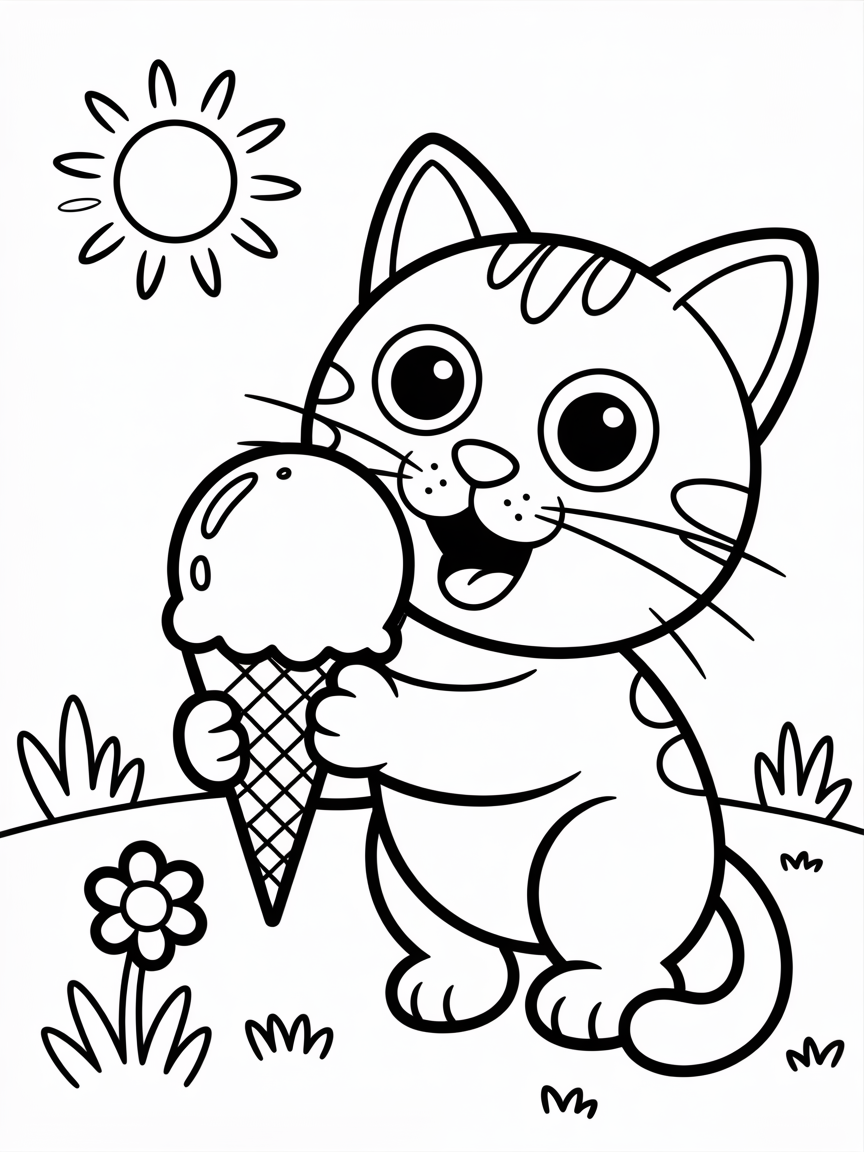 A cat eating ice cream - Free Coloring Page