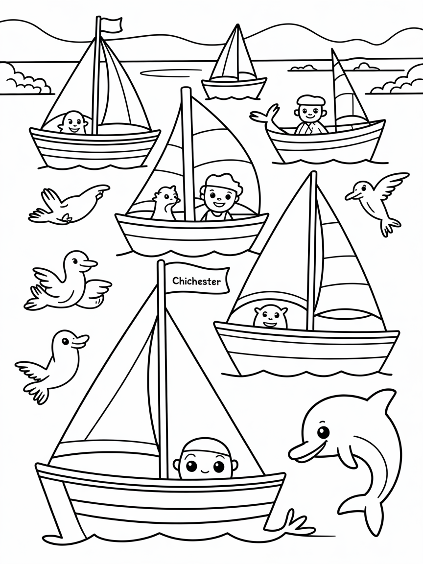 Sailing boats with wildlife in Chichester harbour - Free Coloring Page