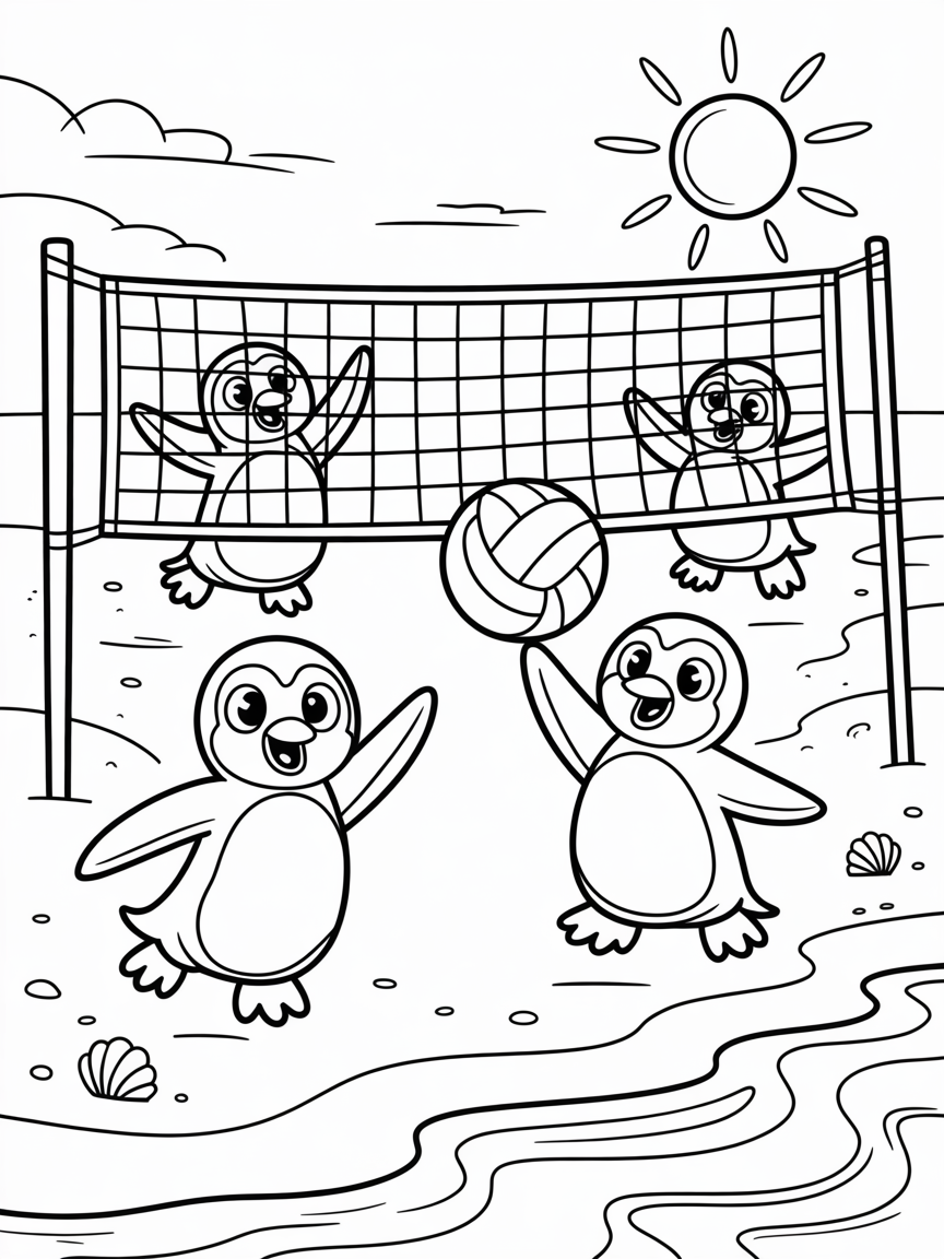 Penguins having a beach volleyball match - Free Coloring Page
