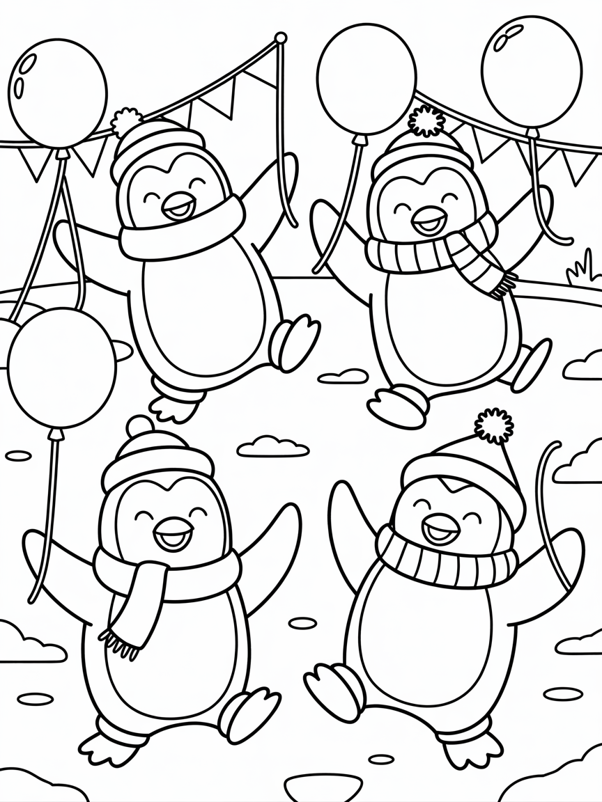 Dancing penguins at a winter carnival - Free Coloring Page