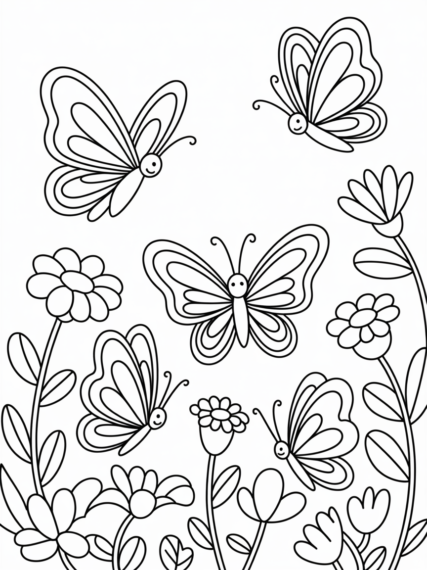 Butterfly ballet in a flower garden - Free Coloring Page