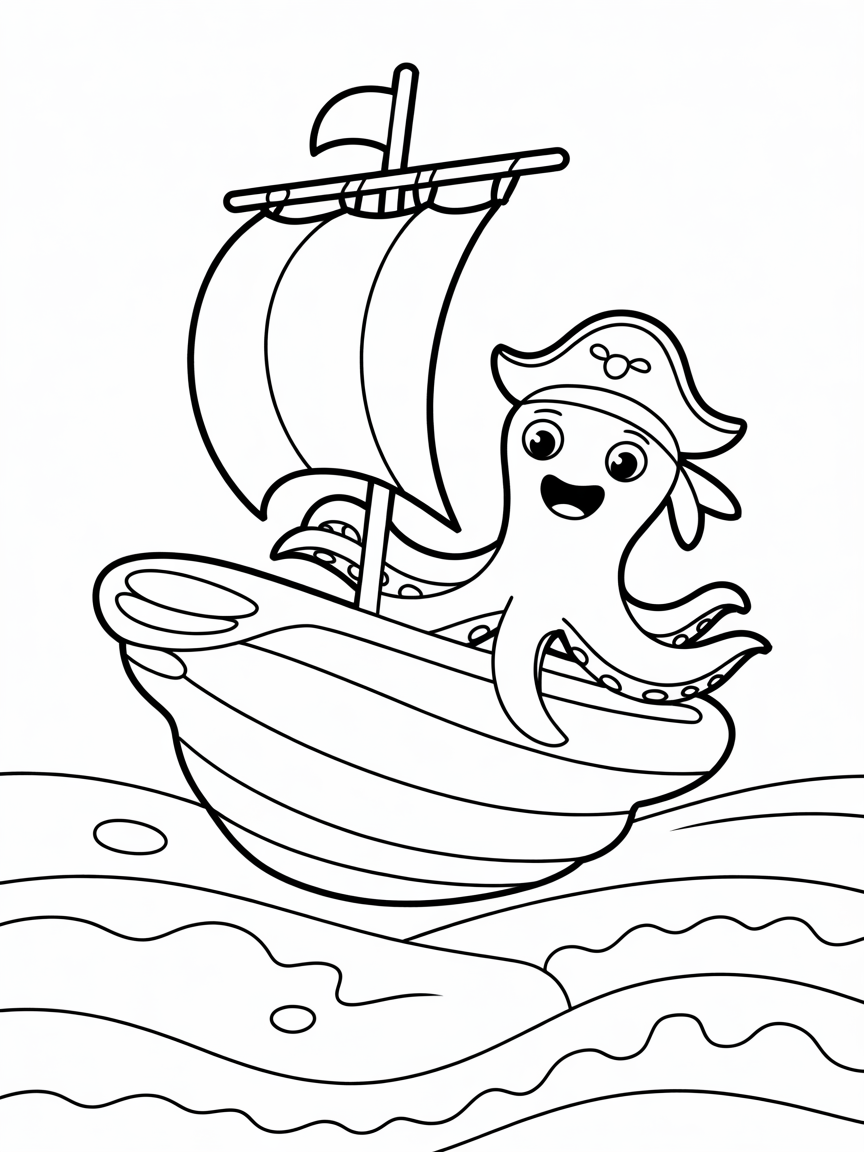 Pirate octopus sailing a seashell ship - Free Coloring Page