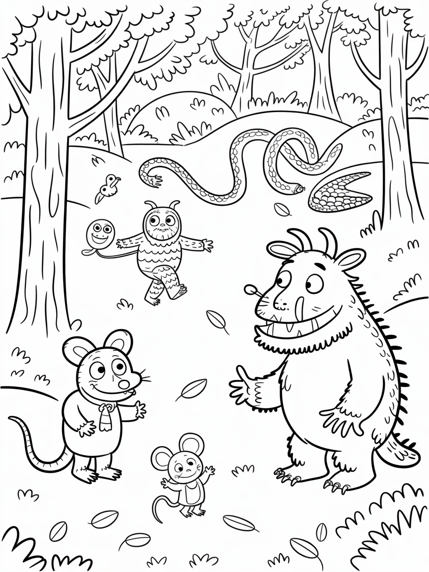 Where's wally style colouring page but with the characters from the gruffalo. These include the need to find gruffalo, snake, owl, fox and mouse - Free Coloring Page