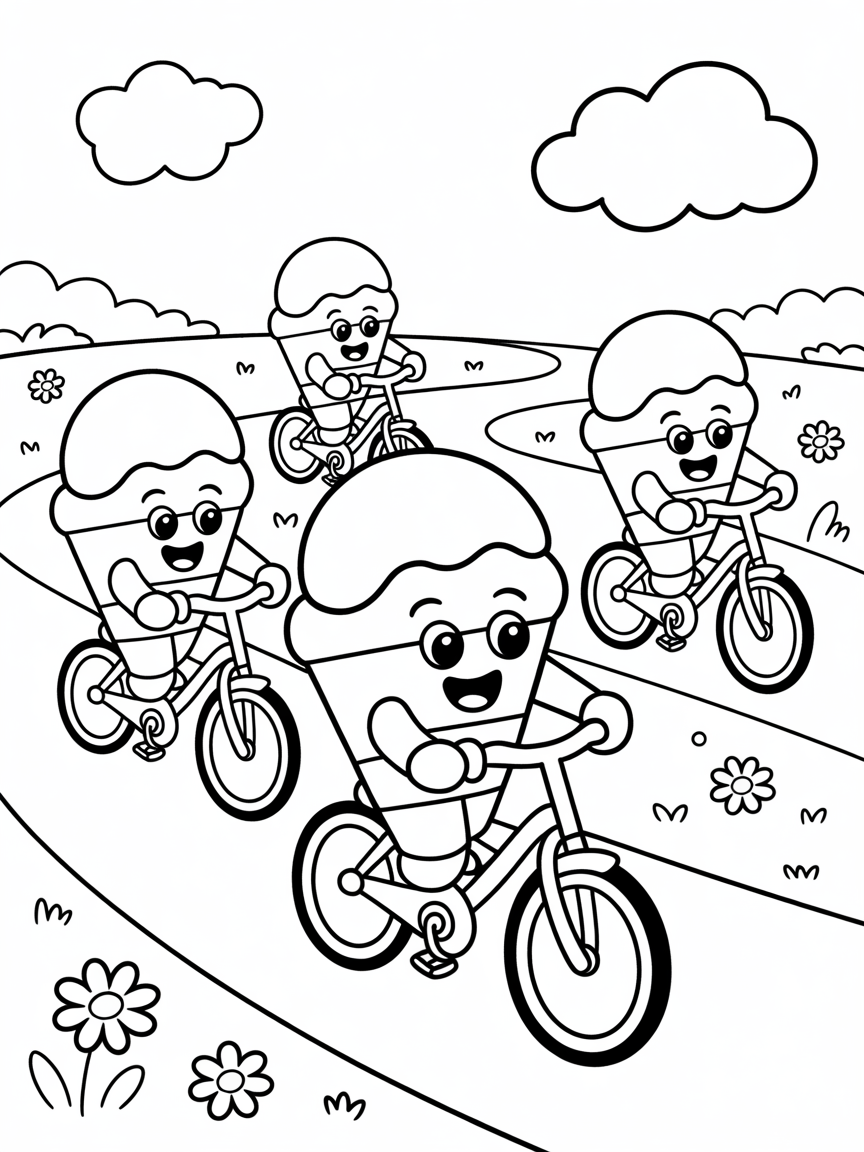 Ice cream cones riding bicycles - Free Coloring Page