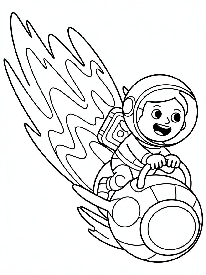 Space explorer riding a rainbow comet - Free Coloring Page