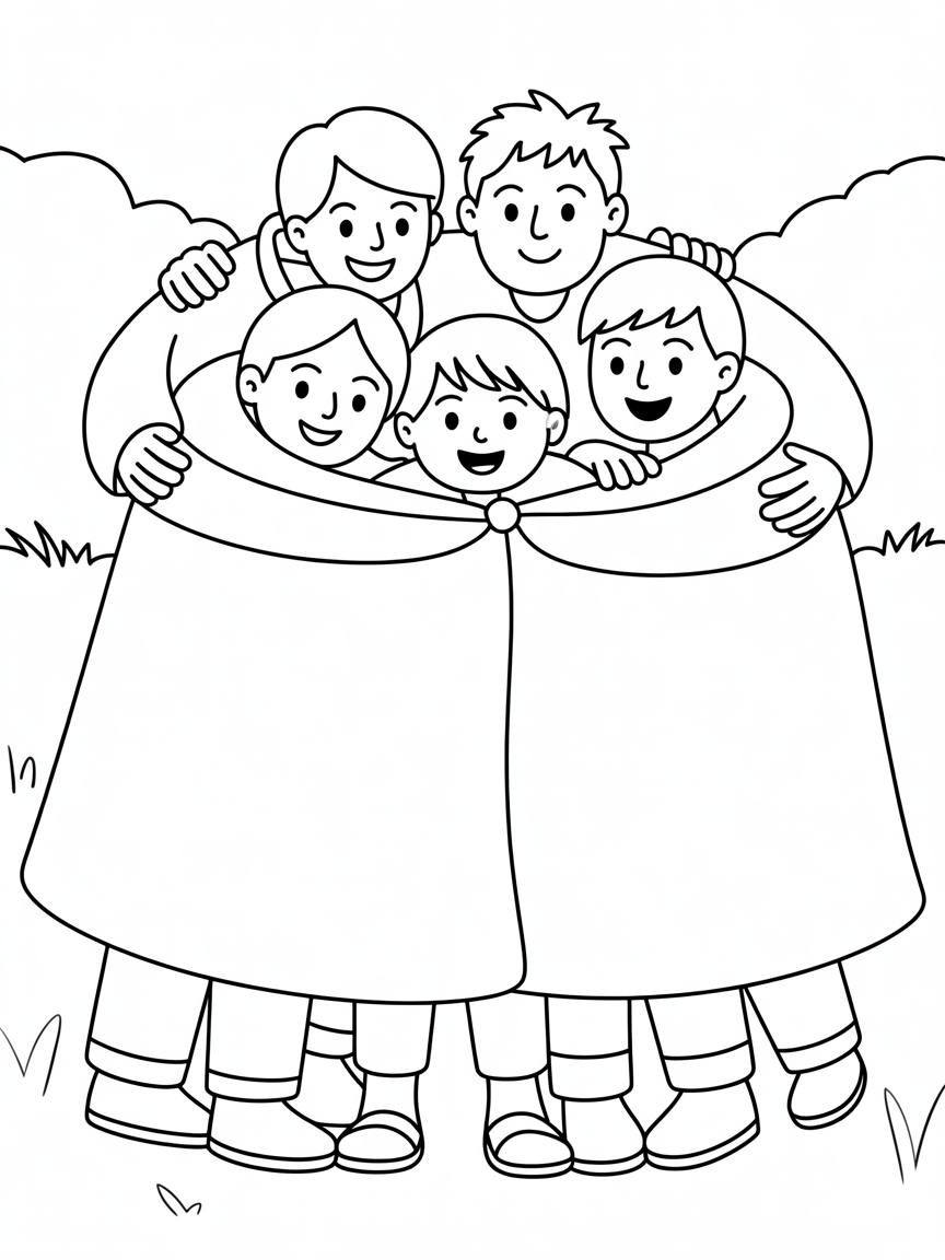 5 People sitting under a cloak - Free Coloring Page