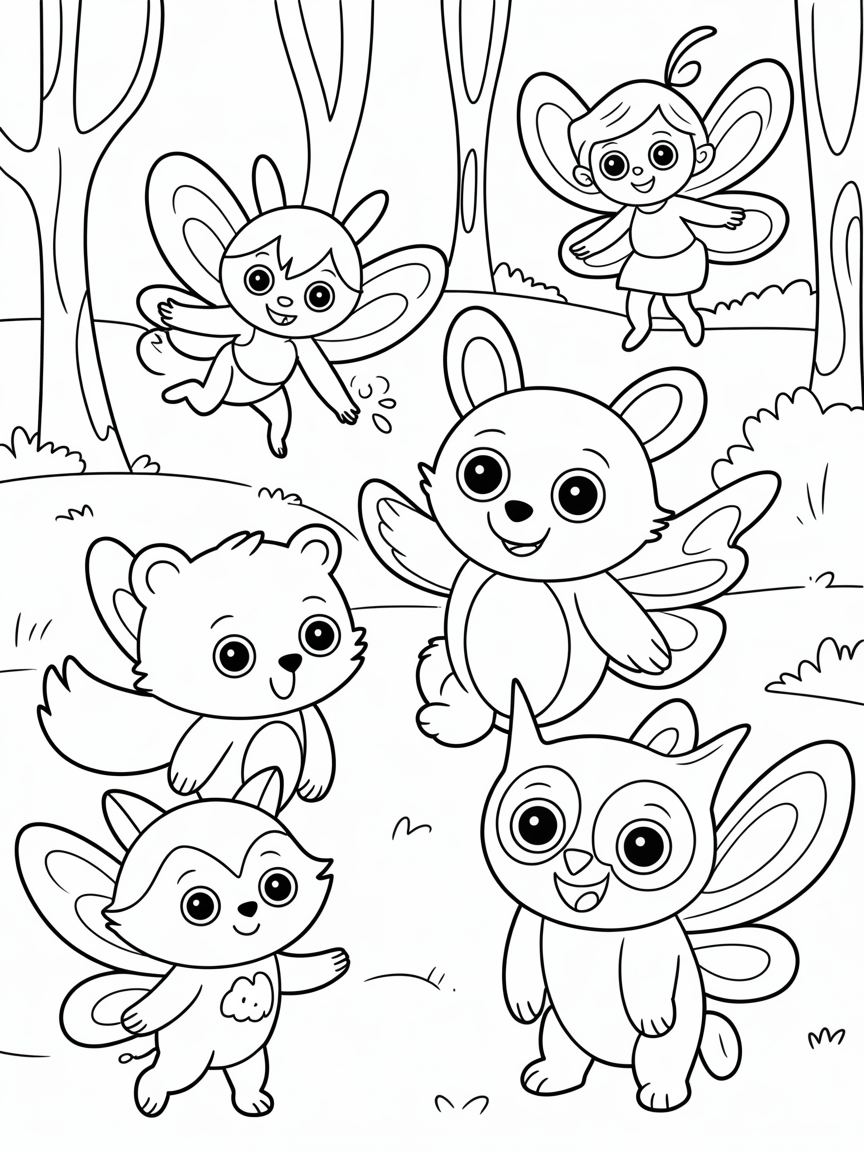 Woodland animals with fairies - Free Coloring Page