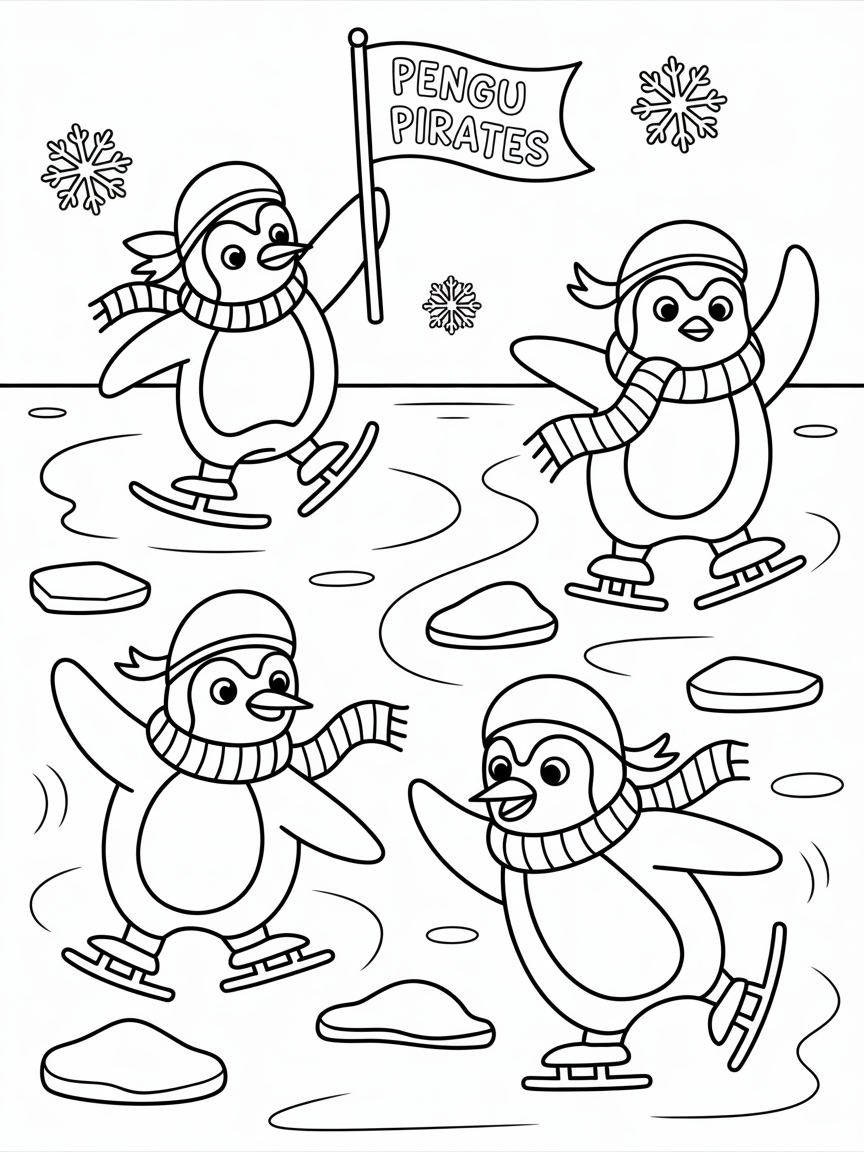 Pirate penguins on ice skates - Free Coloring Page