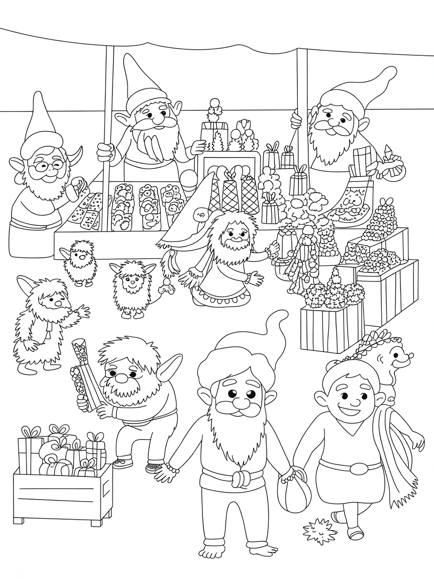 An Indian Christmas bazar with gnomes and fairies managing it. With furry tiny animals as workers and humans as customers - Free Coloring Page