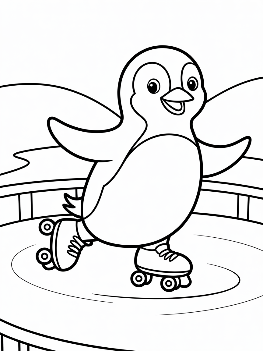 Penguin roller skating on ice - Free Coloring Page
