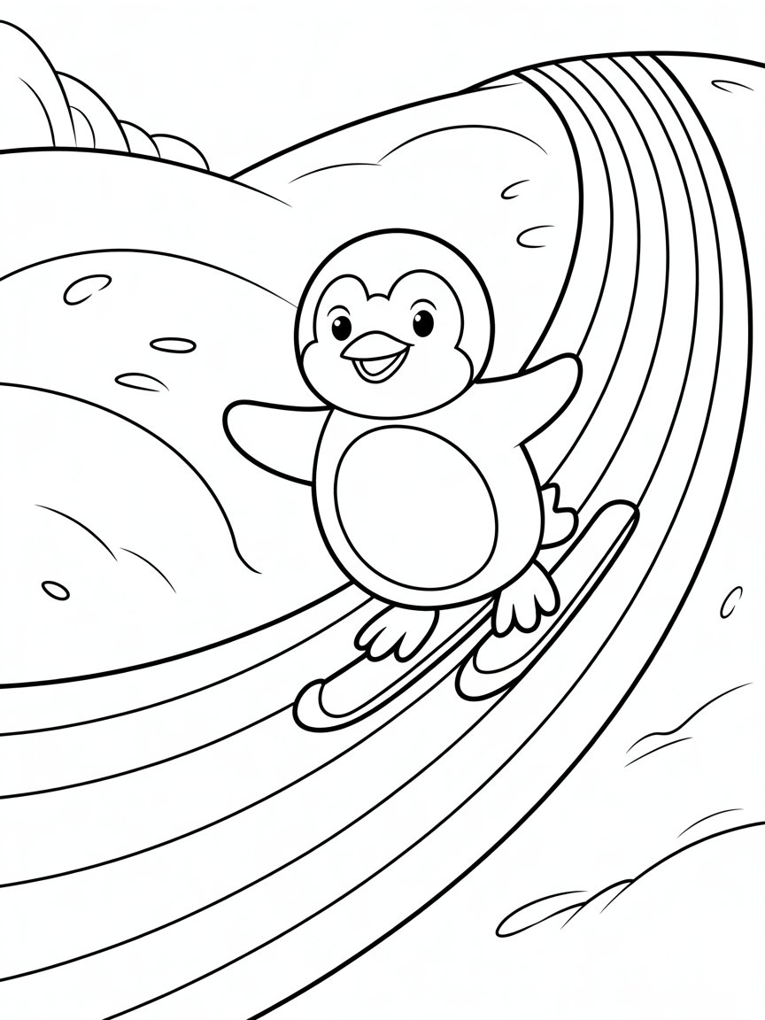 Penguin skiing down a rainbow - Free Coloring Page