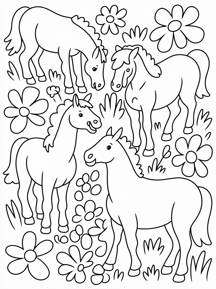 Beautiful horses and flowers - Free Coloring Page