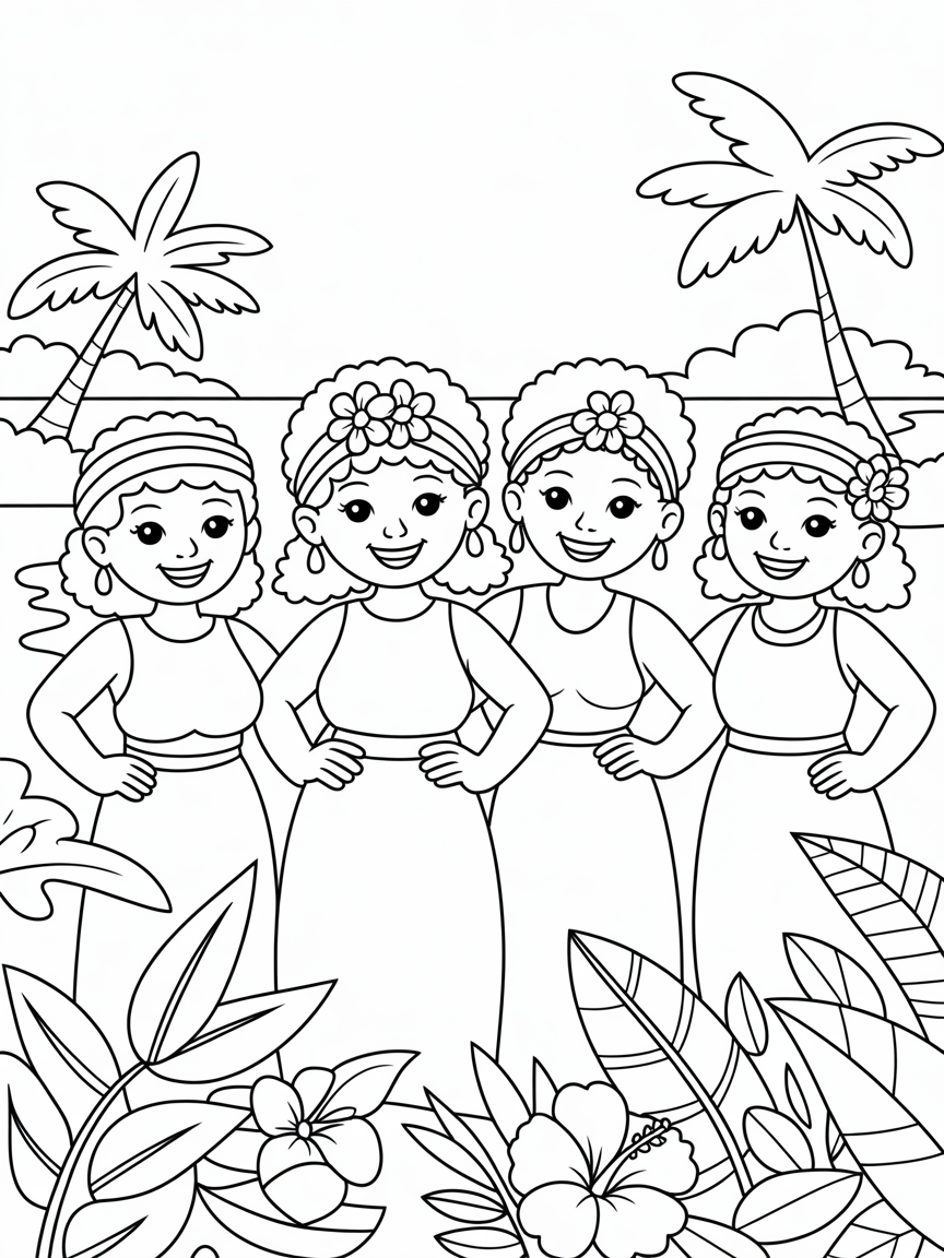 Caribbean women in island foliage - Free Coloring Page