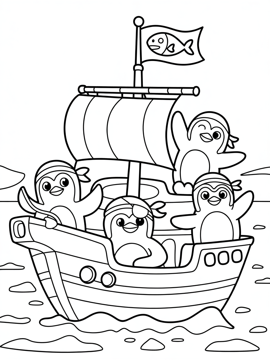 Pirate penguins on an ice ship - Free Coloring Page