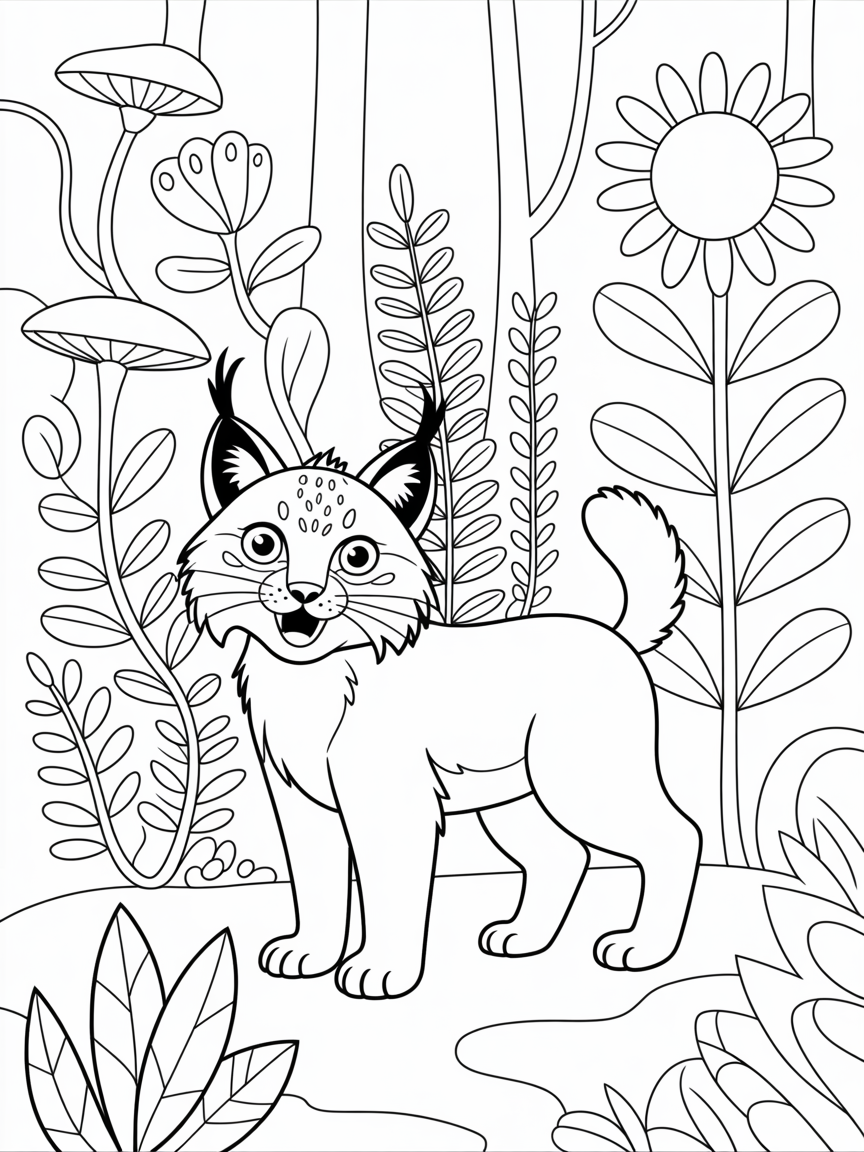 A lynx in a magical forest filled with giant plants - Free Coloring Page
