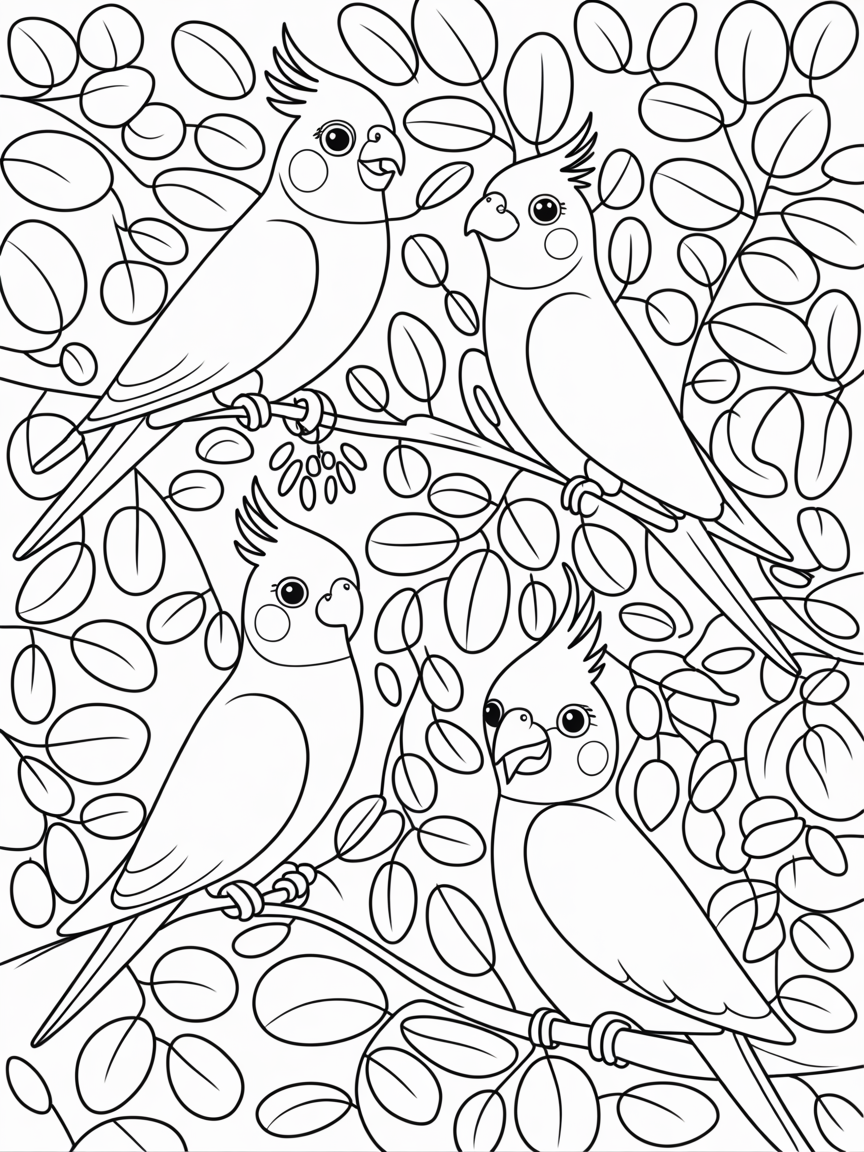 Cockatiels, and many leaves that fill the whole background. Very detailed, mandala like, beautiful - Free Coloring Page