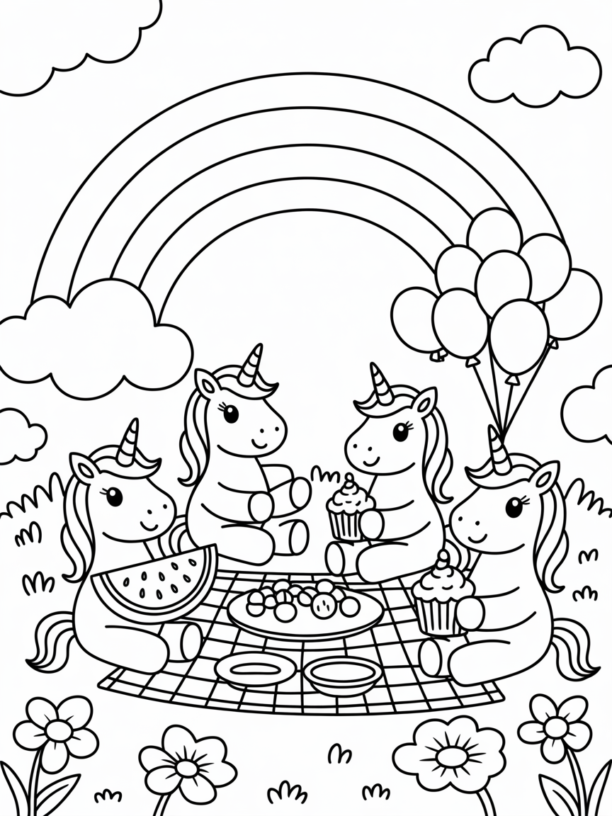 Unicorns hosting a rainbow picnic - Free Coloring Page