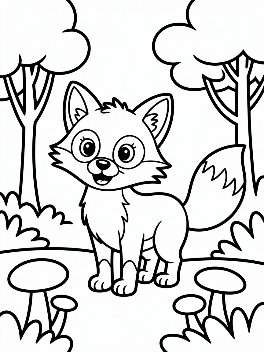 Fox in the woods on a sunny morning - Free Coloring Page