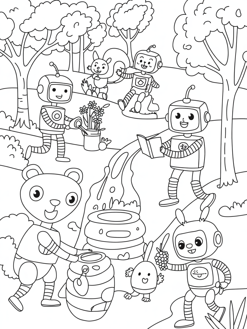 Robots doing everyday things in a forest with happy animals and lots of foliage and trees - Free Coloring Page