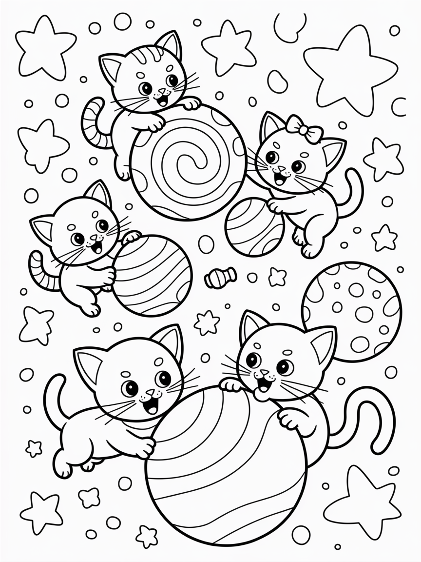 Space kittens exploring candy planets - Free Coloring Page