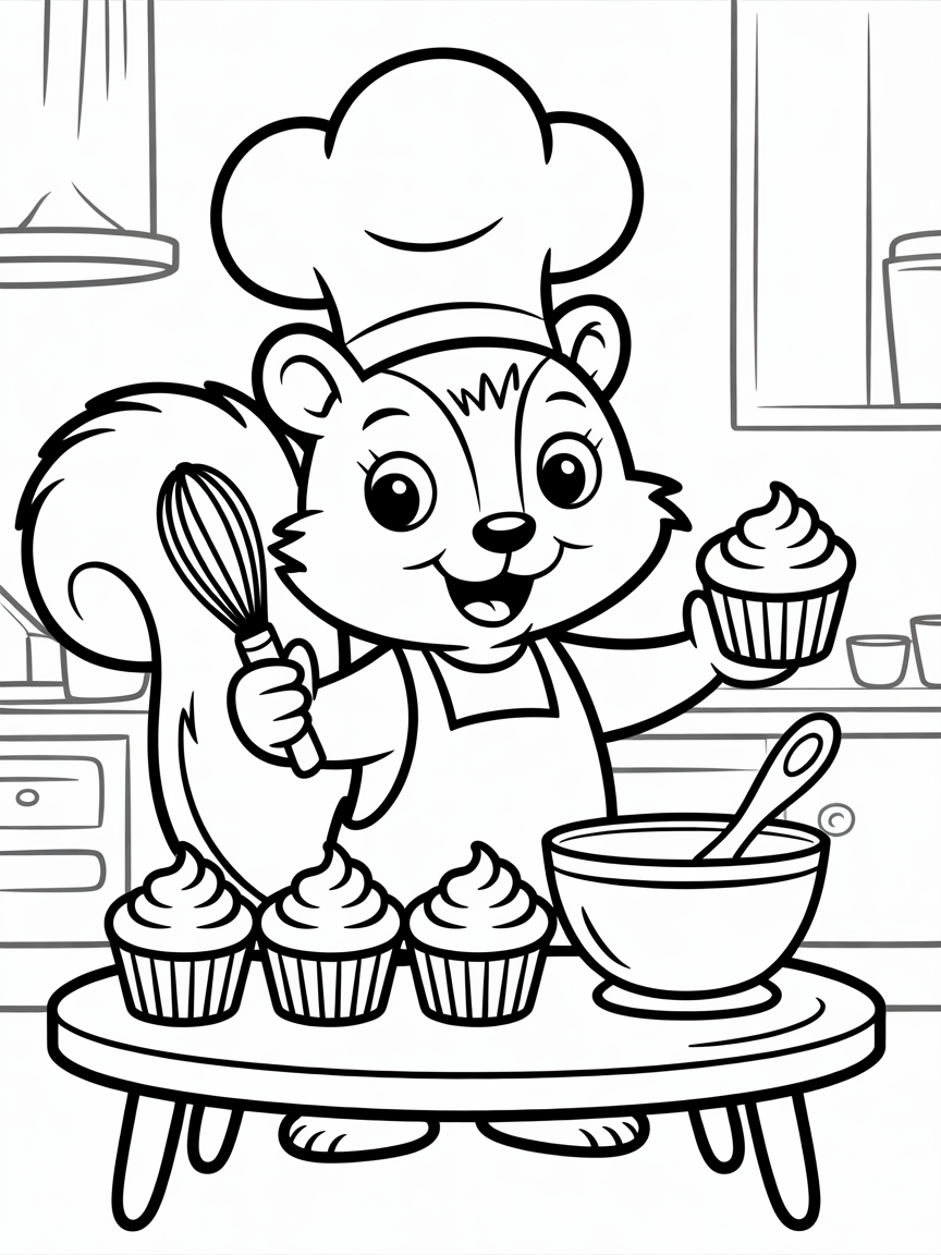 Squirrel chef baking acorn cupcakes - Free Coloring Page