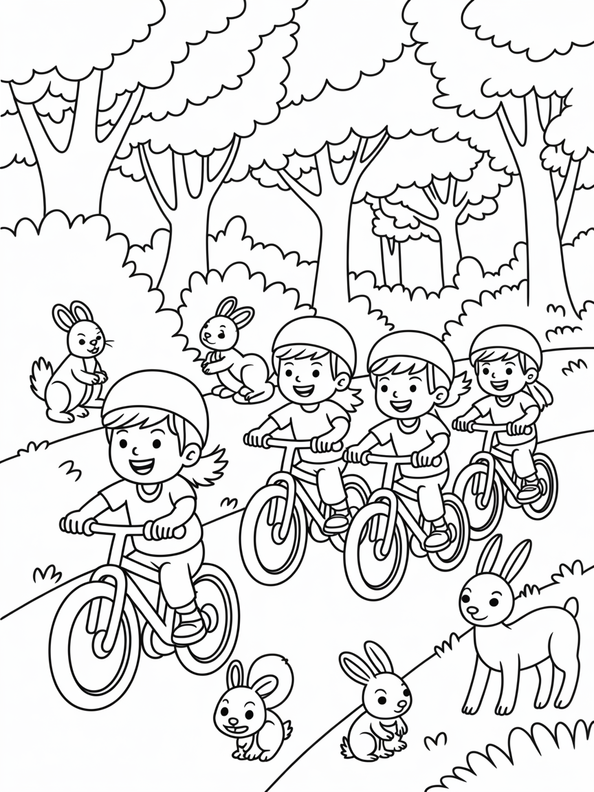 Kids biking in a forest surrounded by forest animals - Free Coloring Page
