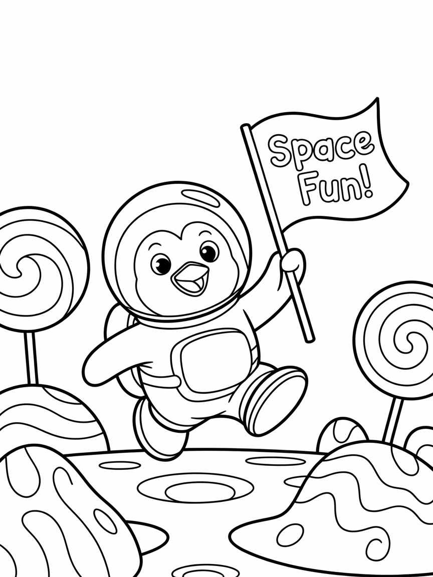 Astronaut penguin exploring a candy planet - Free Coloring Page