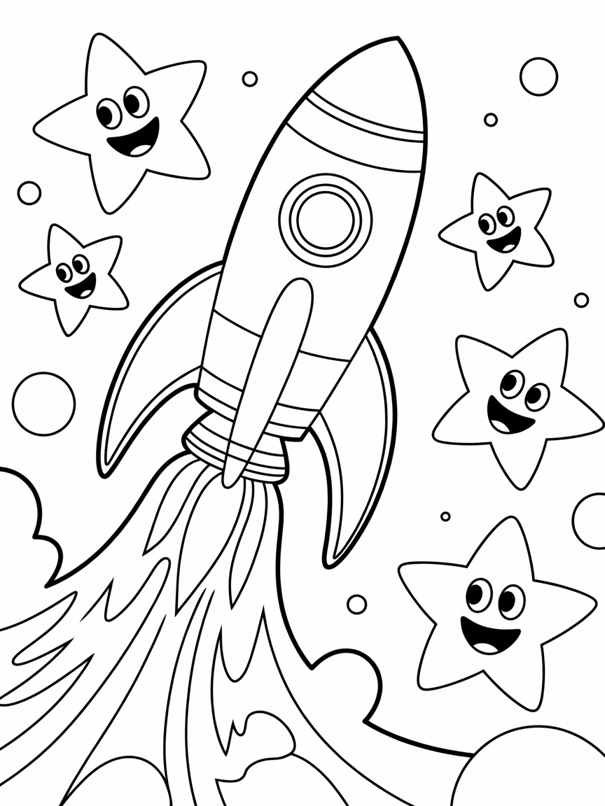 Rocket ship launching with smiling stars - Free Coloring Page