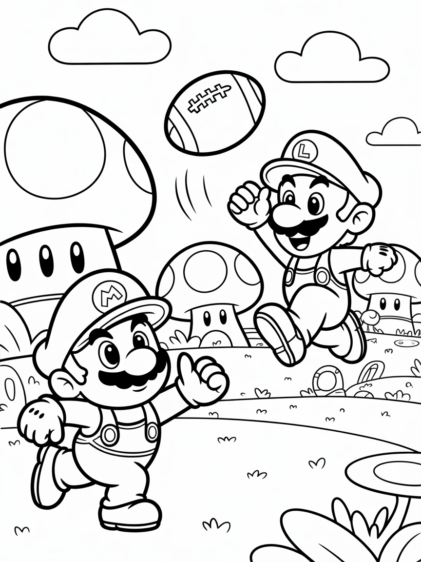 Mario playing football with Luigi in the mushroom kingdom - Free Coloring Page