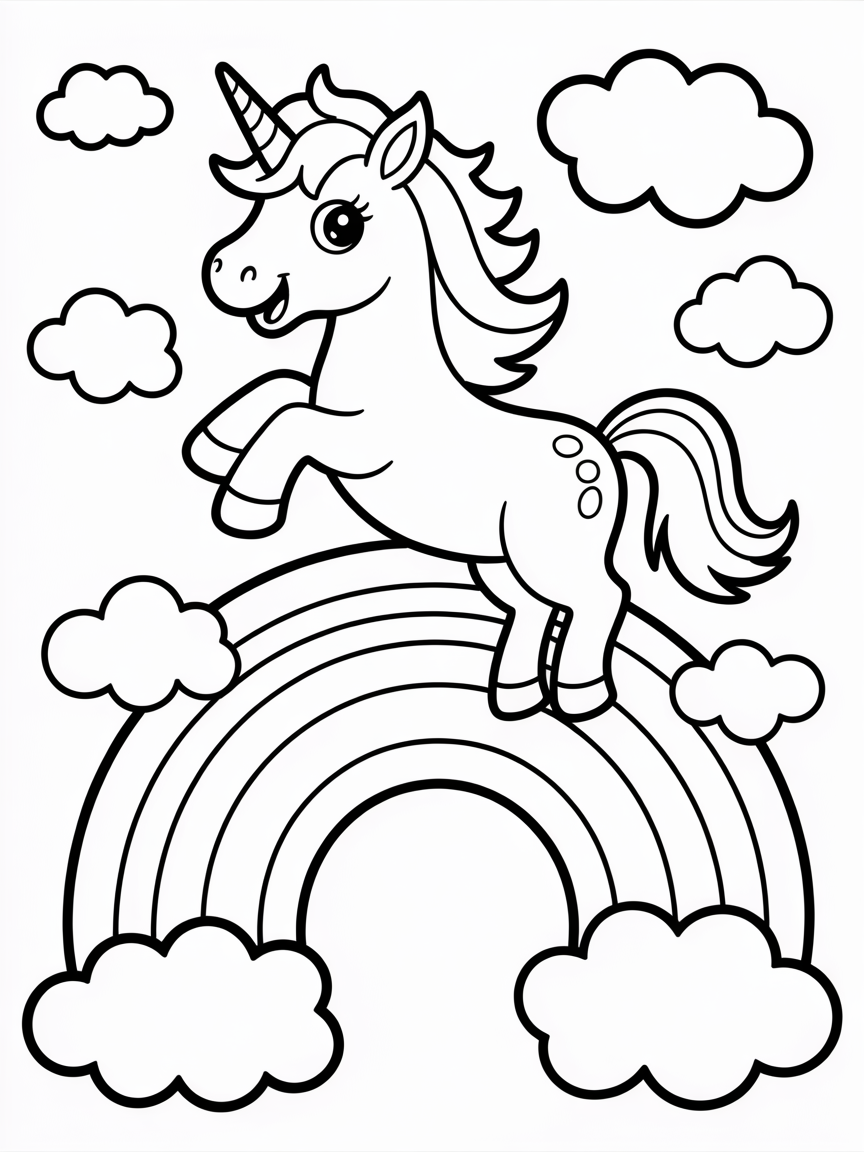 Unicorn jumping over a rainbow - Free Coloring Page