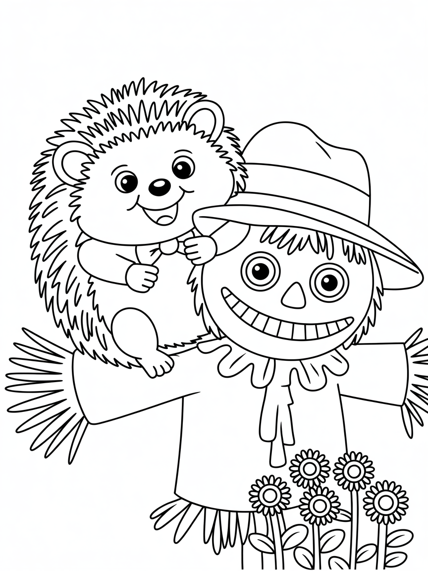 A hedgehog sitting on a scarecrow - Free Coloring Page