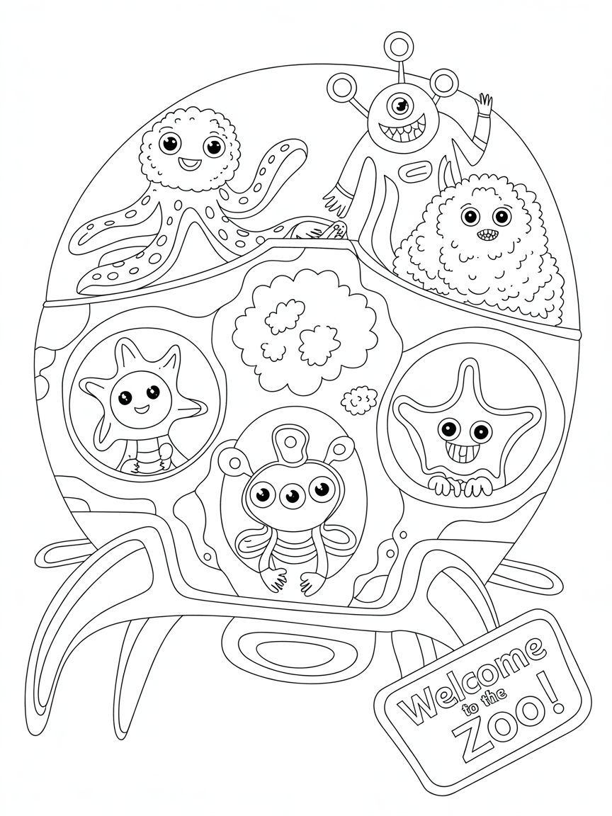 Spaceship zoo with intergalactic animals - Free Coloring Page
