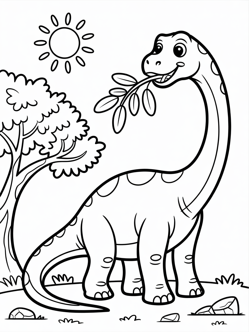 A long-necked Brachiosaurus eating leaves from a tree - Free Coloring Page