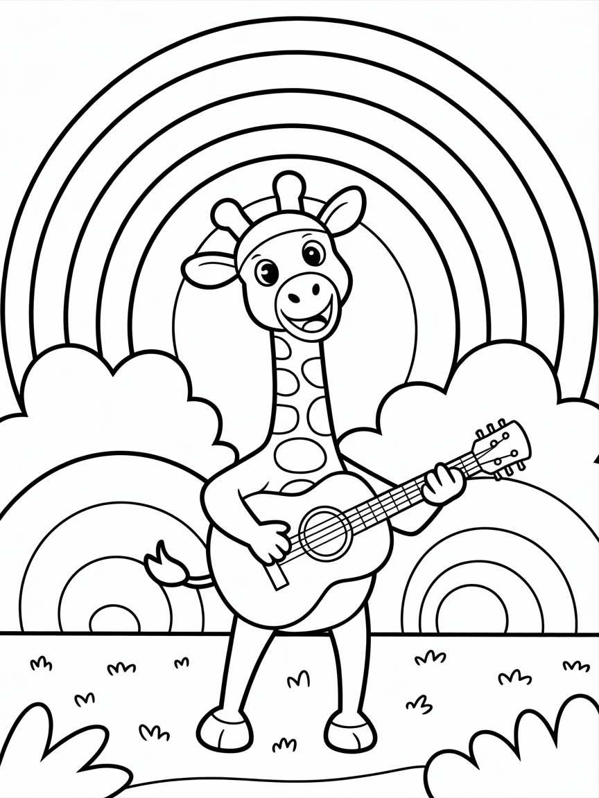 Giraffe playing guitar under rainbow - Free Coloring Page
