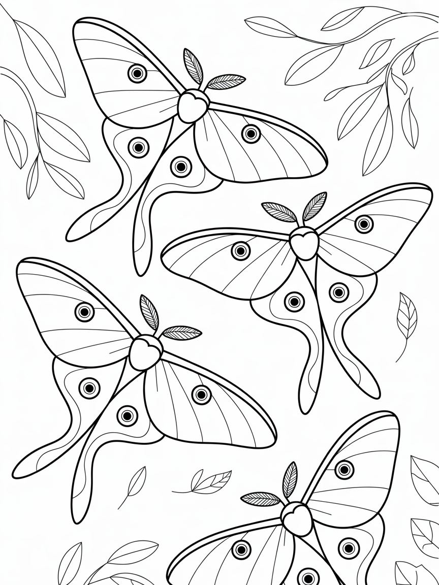 Mythical Luna moths in flight - Free Coloring Page