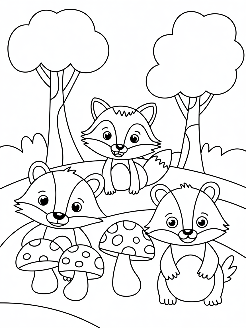 Fox badgers trees mushrooms forest - Free Coloring Page