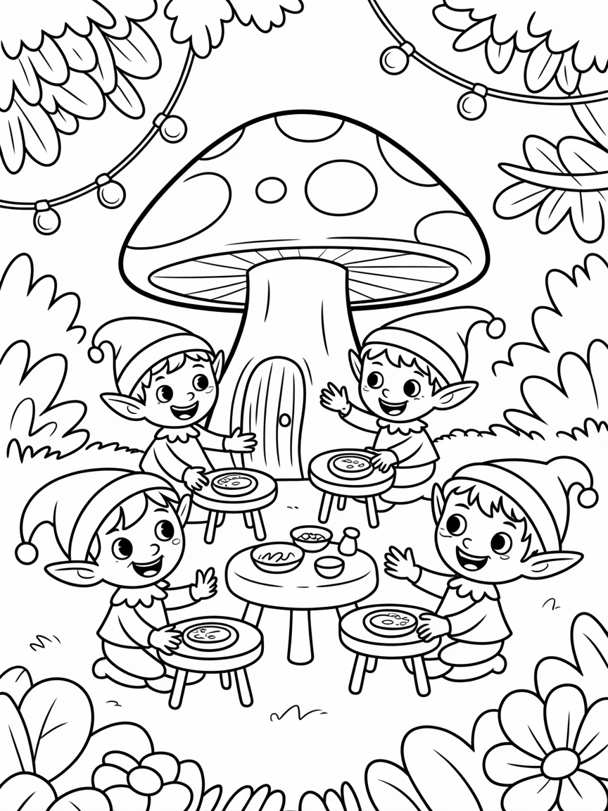Little elves living in mushroom, fairy lights, having a feast, flowers - Free Coloring Page