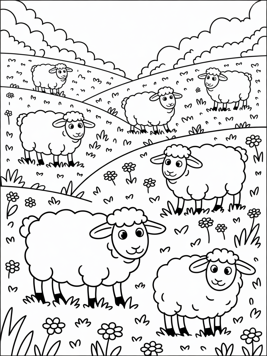Un prado con ovejas como de cuento - Free Coloring Page