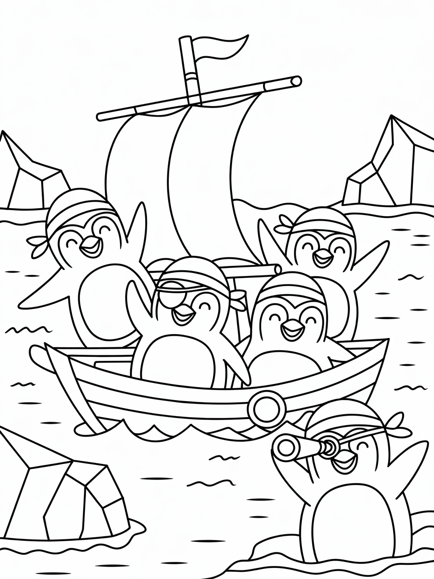 Pirate penguins sailing frozen seas - Free Coloring Page