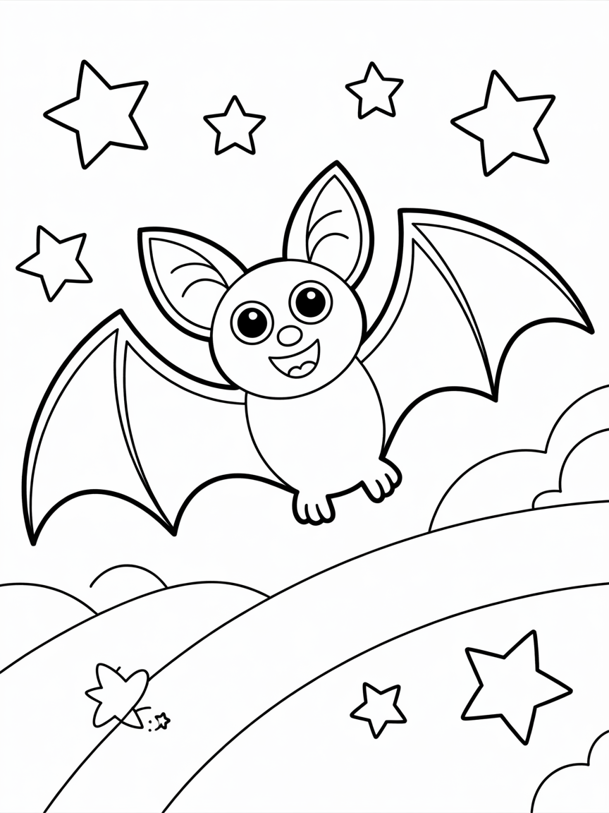 A bat flying in starry moonlit sky - Free Coloring Page