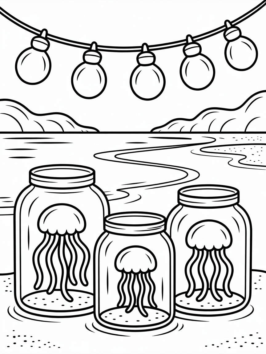 Beach surreal big jars jellyfish inside and fairy lights - Free Coloring Page