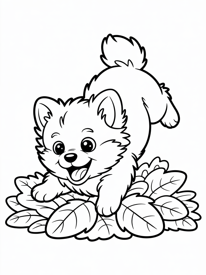 A pomeranian puppy diving into a pile of leaves - Free Coloring Page