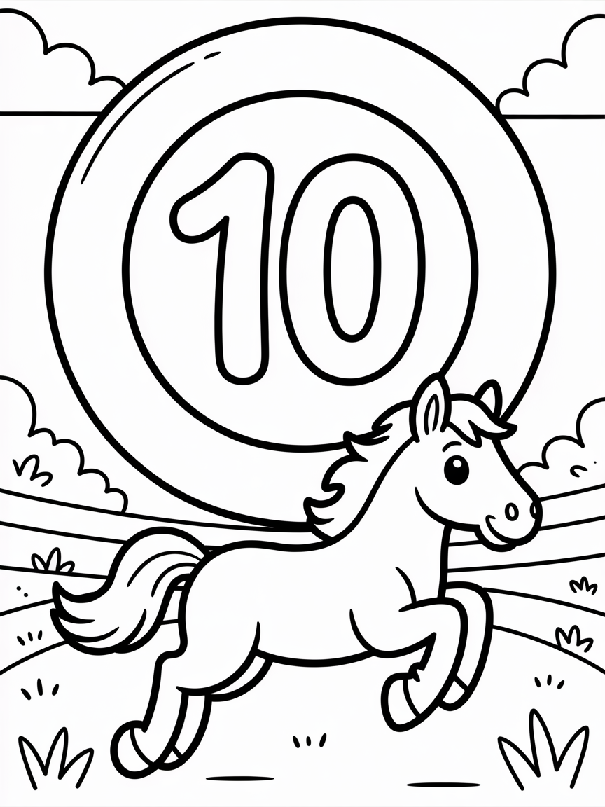 A horse jumping through a ring that has the number ten on top of it - Free Coloring Page